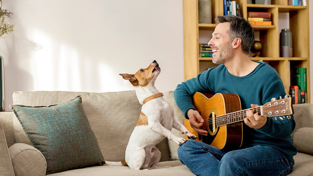 Hund und Mann mit Gitarre