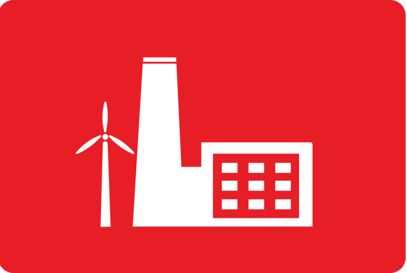 Logo mit weißer Fabrik auf roten Hintergrund