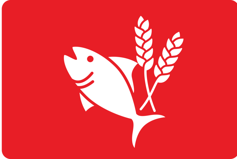 Purina sustainability logo with white grains and fish on a red background