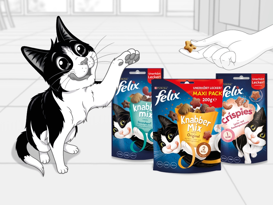 Eine Auswahl von FELIX Snacks Packungen: Knabbermix & Crispies