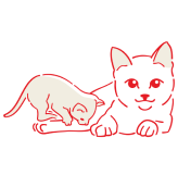 Zeichnung einer erwachsenen Katze, auf der ein Kätzchen herumklettert.