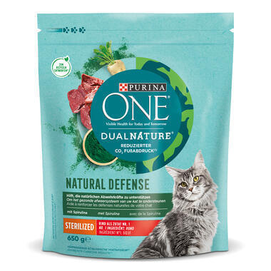 Purina ONE DUAL NATURE mit Spirulina für kastrierte Katzen reich an Rind Vorderansicht 