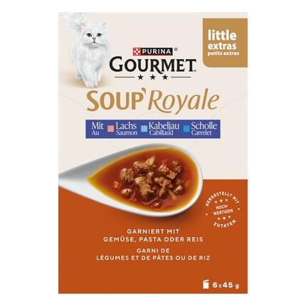 GOURMET™ SOUP ROYALE mit Lachs, Kabeljau oder Scholle, garniert mit Gemüse, Pasta oder Reis