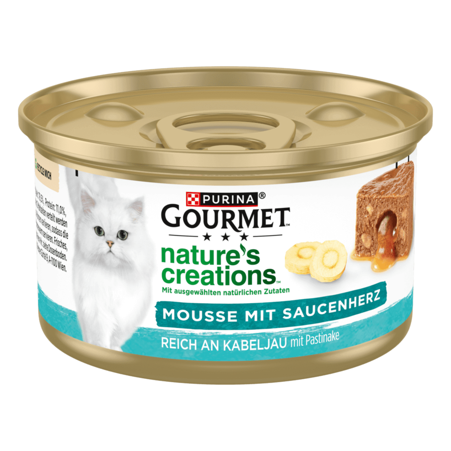 PURINA GOURMET Nature's Creations Mousse mit Saucenherz, reich an Kabeljau mit Pastinake