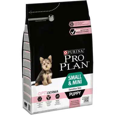 PRO PLAN® SMALL & MINI PUPPY für sensible Haut mit OPTIDERMA reich an Lachs Seitenansicht
