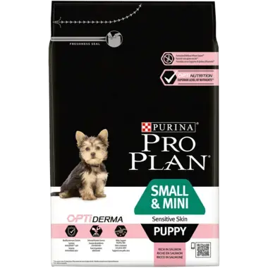 PRO PLAN® SMALL & MINI PUPPY für sensible Haut mit OPTIDERMA reich an Lachs Vorderansicht