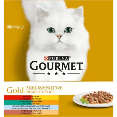 GOURMET Gold Feine Komposition Rind und Huhn, Ente und Truthahn, Hochseefisch und Spinat, Kaninchen und Leber Vorderansicht