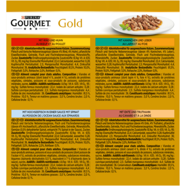 GOURMET Gold Feine Komposition Rind und Huhn, Ente und Truthahn, Hochseefisch und Spinat, Kaninchen und Leber Rückseite