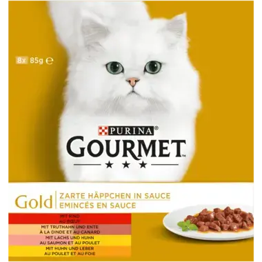 GOURMET Gold Zarte Häppchen mit Rind, Huhn und Leber, Lachs und Huhn, Truthahn und Ente Vorderansicht