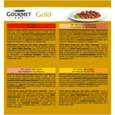 GOURMET Gold Zarte Häppchen mit Rind, Huhn und Leber, Lachs und Huhn, Truthahn und Ente Rückseite