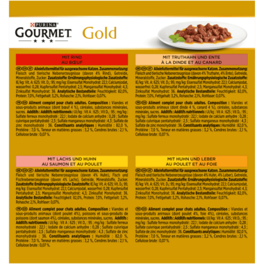 GOURMET Gold Zarte Häppchen mit Rind, Huhn und Leber, Lachs und Huhn, Truthahn und Ente Rückseite