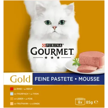 GOURMET Gold Feine Pastete mit Thunfisch, Leber, Truthahn und Rind Vorderansicht