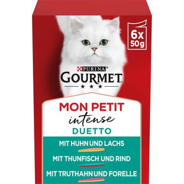 GOURMET Mon Petit Duetti mit Lachs & Huhn, Thunfisch & Rind, Forelle & Truthahn Vorderansicht