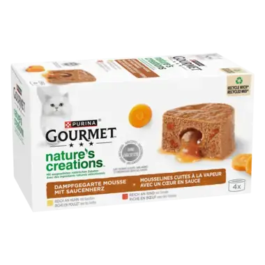 PURINA GOURMET Nature's Creations Mousse mit Saucenherz, reich an Huhn mit Karotte, reich an Rind mit Tomate