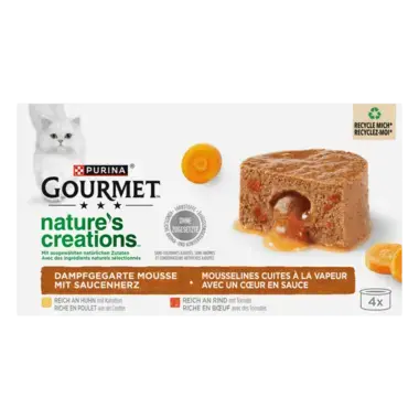 PURINA GOURMET Nature's Creations Mousse mit Saucenherz, reich an Huhn mit Karotte, reich an Rind mit Tomate