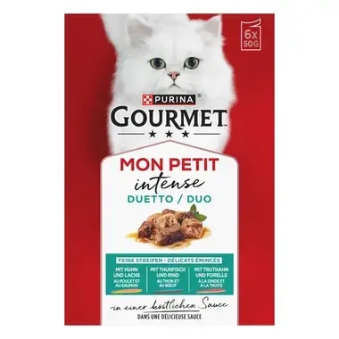 GOURMET Mon Petit Duetti mit Lachs & Huhn, Thunfisch & Rind, Forelle & Truthahn