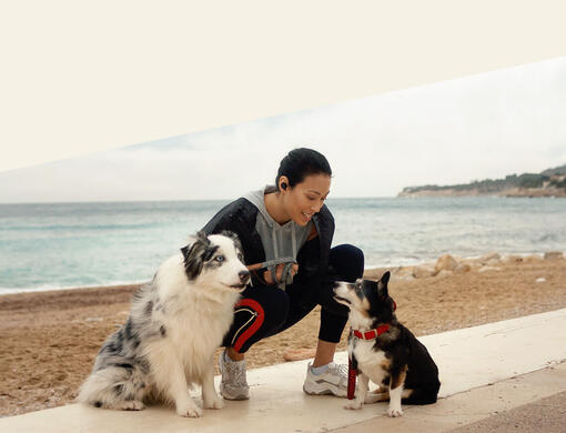 Frau mit zwei Hunden am Strand