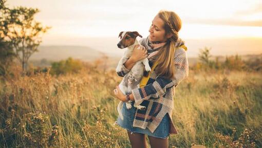 Frau mit Jack Russell in einem Feld