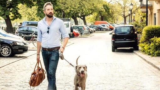 Hund geht mit Herrchen in der Stadt spazieren