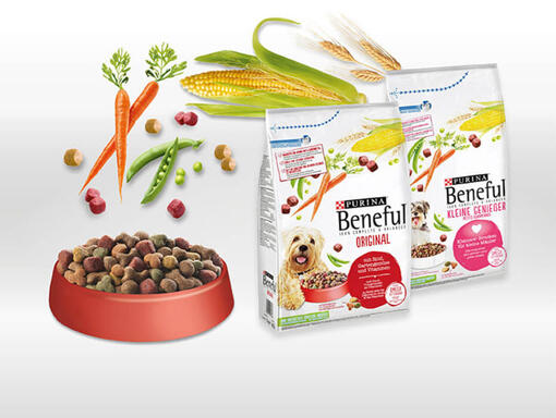 Beneful Napf mit Zutaten und Produktverpackungen