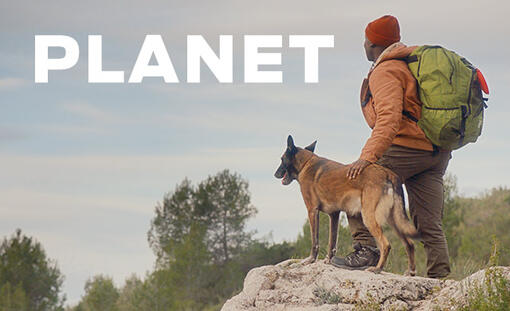 Mann mit seinem Hund wandern