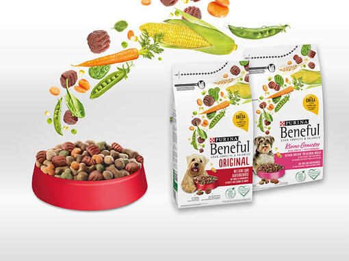 Beneful Napf mit Zutaten und Produktverpackungen