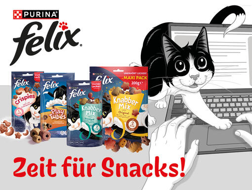 Eine Auswahl von FELIX Snacks Packungen: Knabbermix, Crispies & Play Tubes