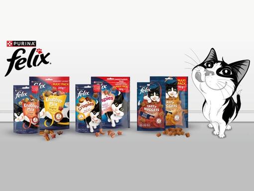Eine Auswahl von FELIX Snacks Packungen: Knabbermix, Crispies & Tasty Nuggets