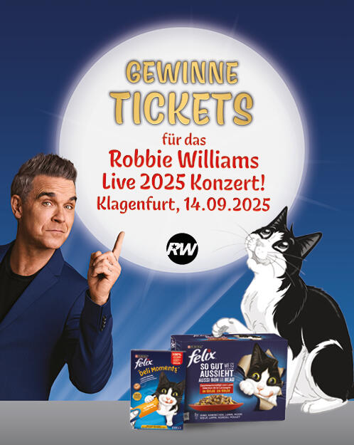 Robbie Willams in blauem Anzug neben einem Scheinwerfer mit Gewinnspiel-Ankündigung, Kater FELIX und FELIX-Katzenfutter recht