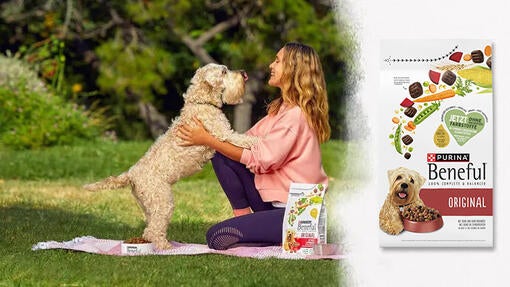 Frauchen mit Hund auf Wiese und BENEFUL Original Hundefutter